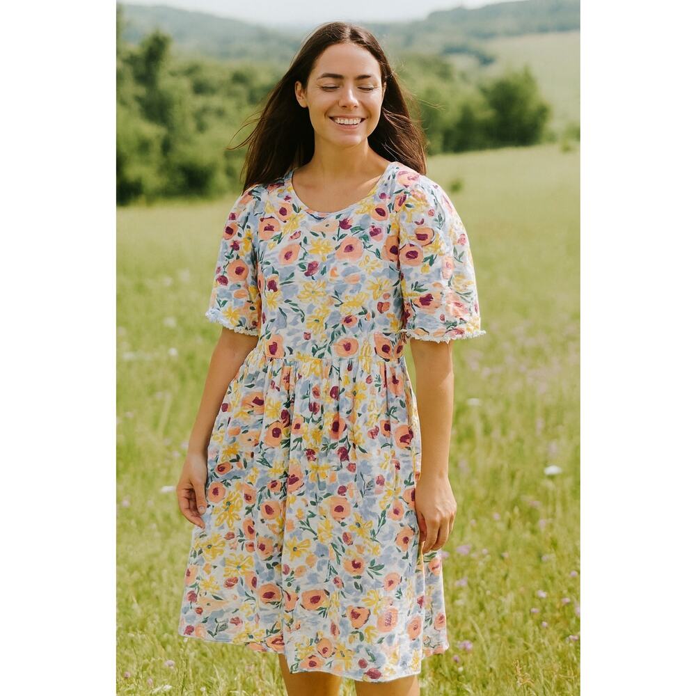 Dip White Colorful Floral Cottagecore Prairie Knee Length Dress Size Medium‎